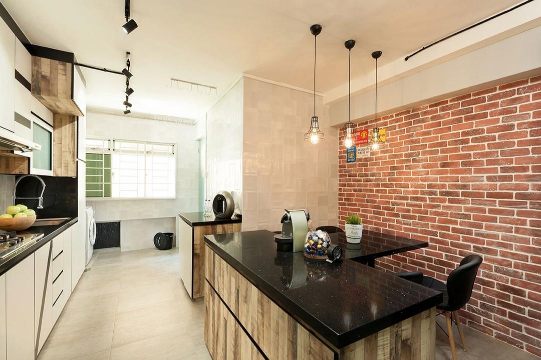 Pasir Ris Street 72 (Block 713), Icon Interior Design, Industrial, Dining Room, HDB, Brick, Coffee Table, Furniture, Table, Appliance, Electrical Device, Oven