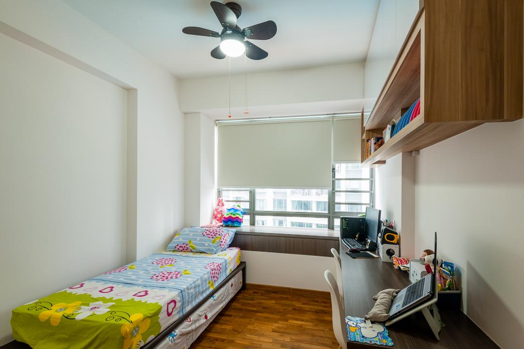 The Quintet, Le Interi, Minimalist, Bedroom, Condo, Single Bed, Ceiling Fan With Light, Shelves, Blinds, Roller Blinds, Wooden Flooring, Parquet, Bed, Furniture