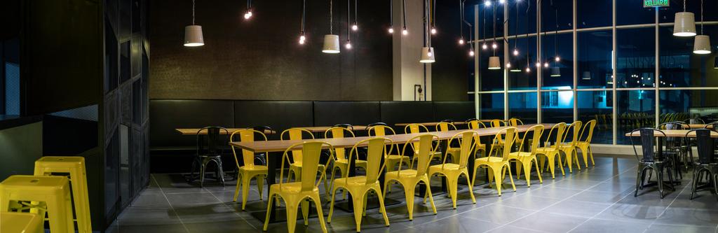 The Burger Shop @ UNITAR, Commercial, Interior Designer, Think Studio, Industrial, Dining Table, Dining Chairs, Chairs, Metal Chairs, Steel Chairs, Pendant Light, Pendant Lamp, Long Table, Dark, Stools, Dark Colours, Hanging Lights, Window, Chair, Furniture
