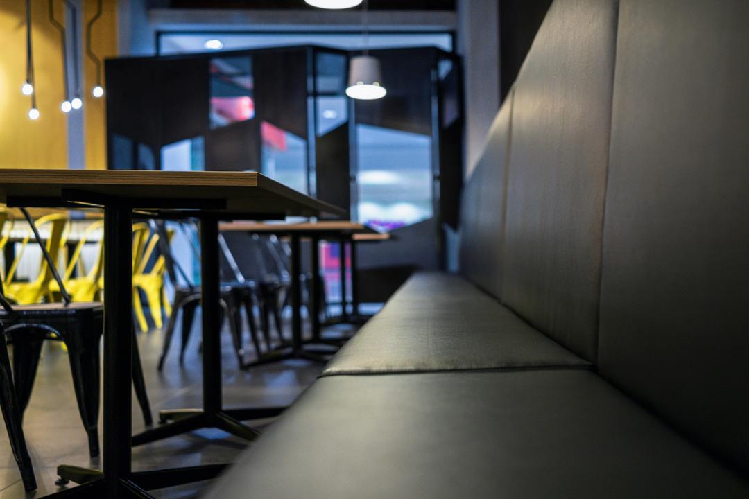 The Burger Shop @ UNITAR, Think Studio, Industrial, Commercial, Chairs, Bench, Seats, Dining Table, Dark, Restaurant, Furniture, Table