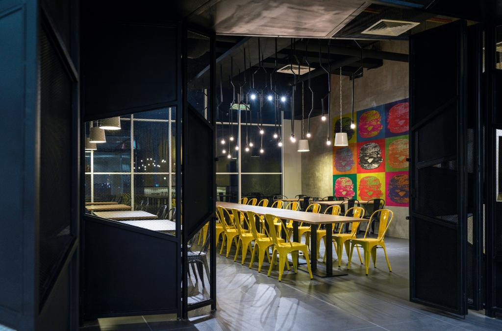 The Burger Shop @ UNITAR, Commercial, Interior Designer, Think Studio, Industrial, Dining Table, Dining Chairs, Metal Chair, Pendant Light, Hanging Light, Pendant Lamps, Dark, Wall Decor, Painting, Cement Screed Tiles, Long Table, Restaurant, Cafe, Chair, Furniture