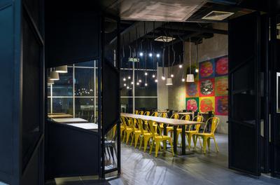 The Burger Shop @ UNITAR, Think Studio, Industrial, Commercial, Dining Table, Dining Chairs, Metal Chair, Pendant Light, Hanging Light, Pendant Lamps, Dark, Wall Decor, Painting, Cement Screed Tiles, Long Table, Restaurant, Cafe, Chair, Furniture