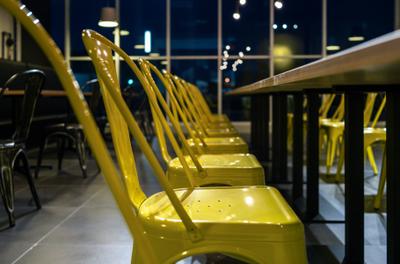 The Burger Shop @ UNITAR, Think Studio, Industrial, Commercial, Dining Chairs, Chair, Yellow, Yellow Chairs, Dining Table, Metal Chairs, Furniture