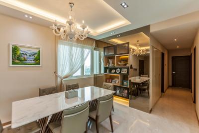Bukit Timah, The Interior Lab, Modern, Dining Room, Condo, Chandelier, False Ceiling, Dining Table, Dining Room Chairs, Wall Art, Wall Painting, Wall Decor, Marble, White Marble Floor, Shelves, Recessed Shelf, Mirror, Art, Painting, Flooring, Door, Furniture, Table, Chair, Indoors, Interior Design