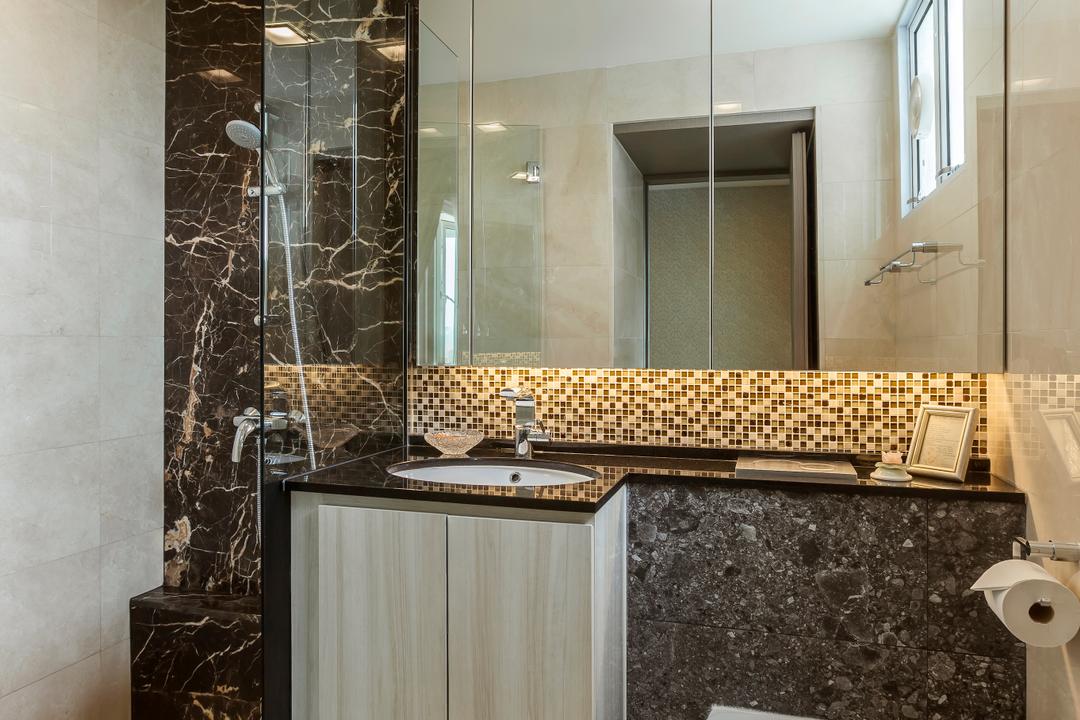 Bukit Timah, The Interior Lab, Modern, Bathroom, Condo, Bathroom Vanity, Mirror, Shower Area, Marble, Tiles, Bathroom Tiles, Indoors, Interior Design, Room, Bird Feeder