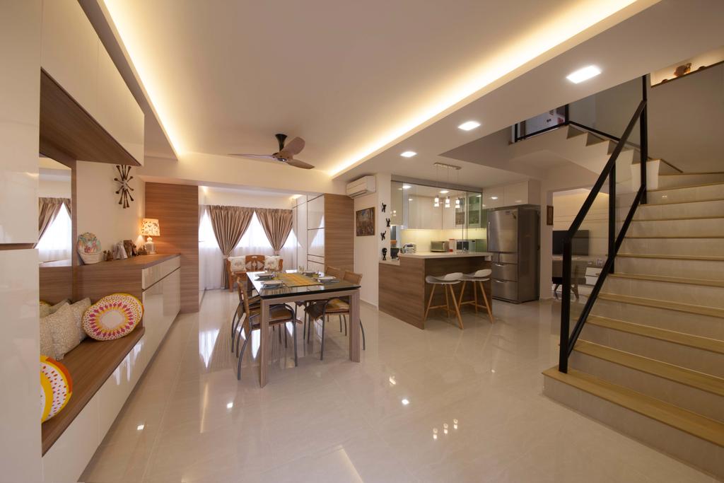 Modern, HDB, Dining Room, Bishan (Block 201), Interior Designer, Space Define Interior, Dining Table, Dining Chairs, Stairs, Bench, Built In Bench, Cushions, Curtains, Clock, Cove Light, Ceiling Fan, Tiles, Furniture, Table, Banister, Handrail, Staircase, Indoors, Interior Design, Room