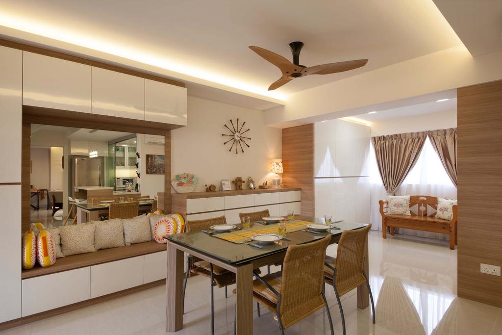 Modern, HDB, Dining Room, Bishan (Block 201), Interior Designer, Space Define Interior, Dining Table, Dining Chairs, Bench, Cushions, Clocks, White Kitchen Cabinets, Storage, Curtains, Tiles, Mini Ceiling Fan, Cove Light, Indoors, Interior Design, Room, Furniture, Table, Chair