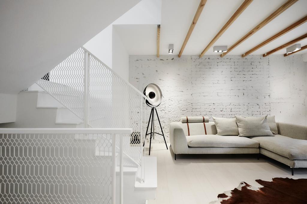 Industrial, Landed, Living Room, White Brick House (Townhouse), Architect, UPSTAIRS_, Minimalist, Furniture, Studio Couch, Couch, HDB, Building, Housing, Indoors, Loft, Scale