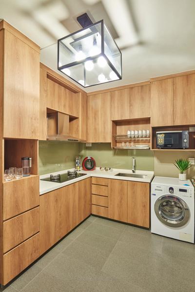 Woodlands Ring, Jubilee Interior, Eclectic, Kitchen, HDB, Washer, Washing Machine, Full Kitchen, Sink, Dish Rack, Indoors, Interior Design, Room, Flora, Jar, Plant, Potted Plant, Pottery, Vase, Appliance, Electrical Device, Microwave, Oven