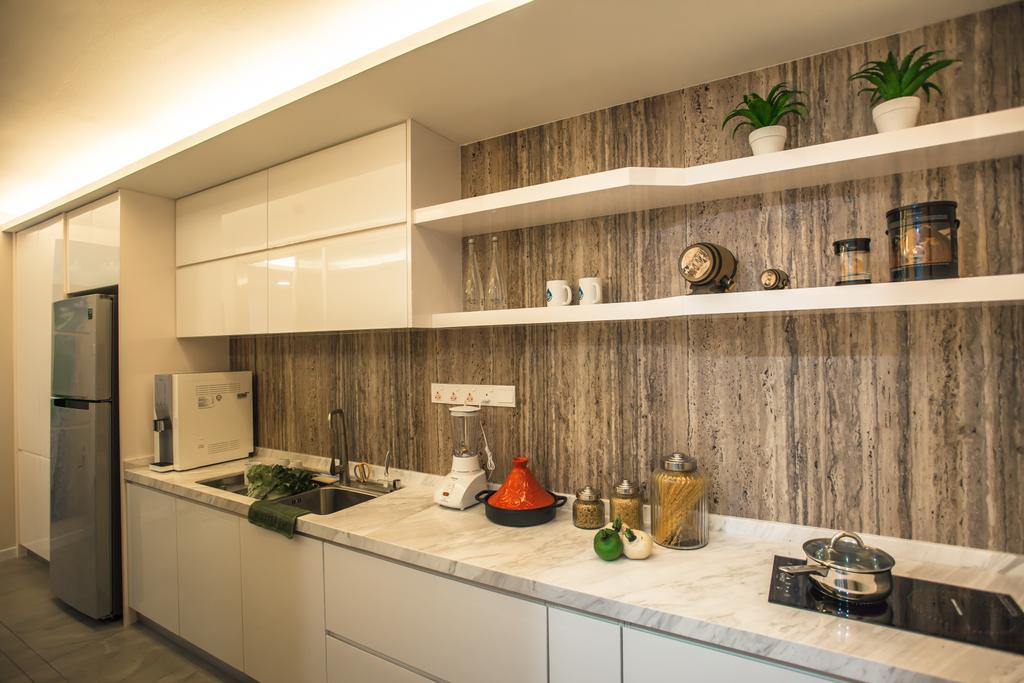 Modern, Condo, Kitchen, Tanjung Heights, Interior Designer, Zeng Interior Design Space, Kitchen Cabinet, Cabinetry, Shelves, Shelving, Kitchen Sink, Sink, Marble Countertop, Stove, Flora, Jar, Plant, Potted Plant, Pottery, Vase, Indoors, Interior Design, Room, Shelf