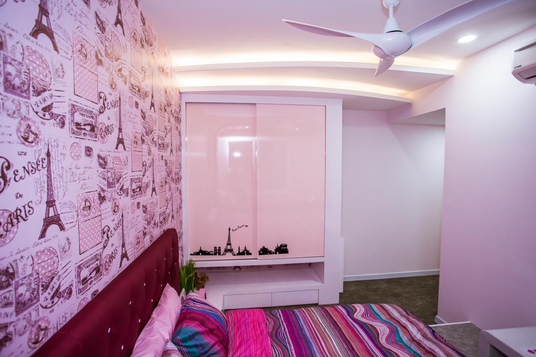 Tanjung Heights, Zeng Interior Design Space, Modern, Bedroom, Condo, Wallpaper, Pink, Kids, Kids Room, Girls, Girly, Cabinet, Ceiling Fan, Indoors, Interior Design, Room