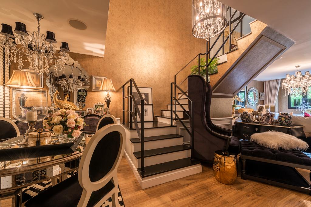 Eclectic, HDB, Living Room, Woodlands Ring Road, Interior Designer, Fifth Avenue Interior, Majestic, Flora, Jar, Plant, Potted Plant, Pottery, Vase, Banister, Handrail, Staircase, Couch, Furniture, Chandelier, Lamp