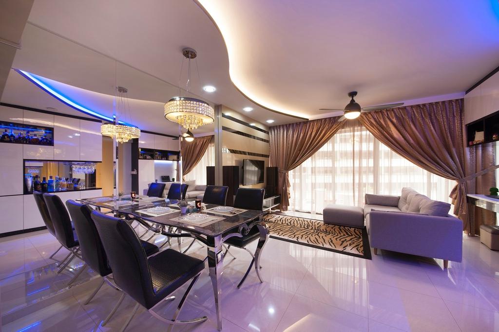 Traditional, HDB, Dining Room, Yuan Ching, Interior Designer, Ace Space Design, Concealed Lighting, Curve Ceiling, Curtains, Blue Lights, Mirror, Dining Table, Tiles, Rug, Sofa, Chair, Furniture, Table, Indoors, Interior Design