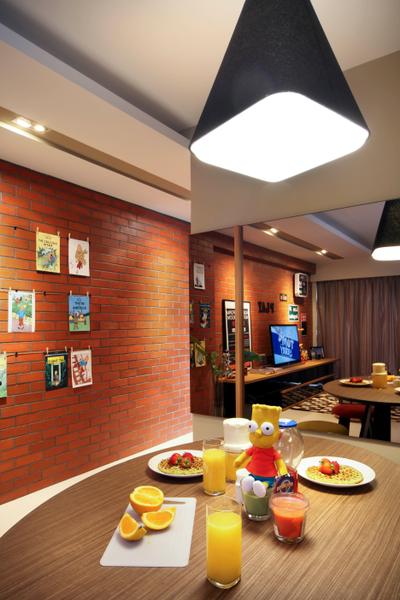 City View, Fuse Concept, Eclectic, Dining Room, HDB, Mirror, Dining Table, Hanging Light, Hanging Lamp, Pendant Lamp, Big Lamp, Red Brick Wall, Round Table, Furniture, Table, Cafe, Restaurant, Indoors, Interior Design