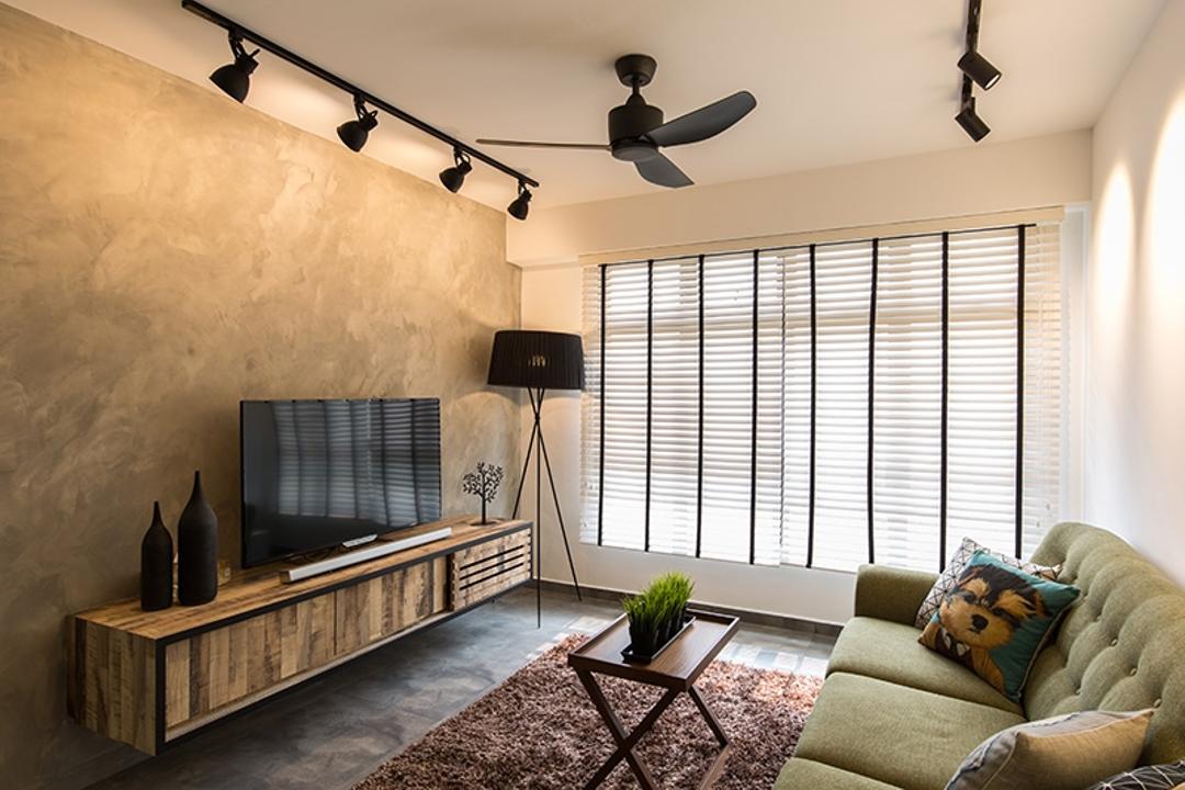 Fernvale Street (Block 472C), Thom Signature Design, Industrial, Living Room, HDB, Cement Screed, Tv Console, Tv Cabinet, Track Lights, Track Lightings, Sofa, Couch, Fabric Sofa, Pillow, Coffee Table, Stand Lamps, Blinds, Home Decor, Home Decorative Items, Carpet, Floor Tiles