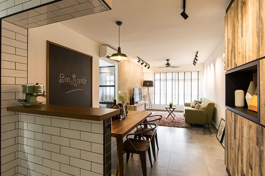Industrial, HDB, Dining Room, Fernvale Street (Block 472C), Interior Designer, Thom Signature Design, Bar Counter, Table, Cement Screed, Tiles, Floor Tiles, White Kitchen Cabinets, Storage Space, Dining Table, Dining Chairs, Dining Light, Chalk Board, Chalk Wall, Sofa, Black Track Lights