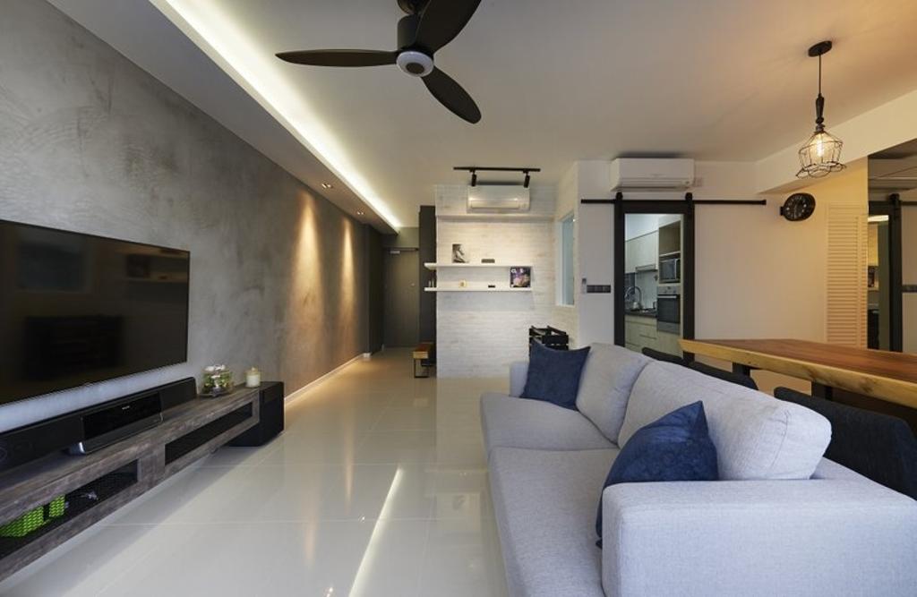 Contemporary, HDB, Living Room, Pasir Ris One, Interior Designer, Spire Id, Cement Screed Tiles, Fabric Sofa, Sofa, Couch, Mini Ceiling Fan, Tv Console, Cove Lighting, Pendant Lamps, Hanging Lamps, Hidden Interior Lights, Television Console, Wall Mounted Television, Furniture