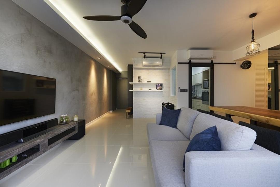 Pasir Ris One, Spire Id, Contemporary, Living Room, HDB, Cement Screed Tiles, Fabric Sofa, Sofa, Couch, Mini Ceiling Fan, Tv Console, Cove Lighting, Pendant Lamps, Hanging Lamps, Hidden Interior Lights, Television Console, Wall Mounted Television, Furniture