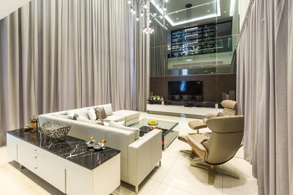 Modern, Landed, Living Room, Twin Palms, Selangor, Interior Designer, Klaasmen Sdn. Bhd., Contemporary, Chair, Furniture, Appliance, Electrical Device, Microwave, Oven, Electronics, Entertainment Center, Home Theater