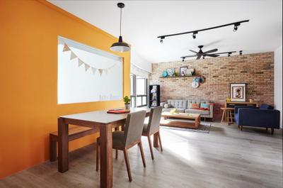 Kim Tian Place, Dan's Workshop, Scandinavian, Dining Room, HDB, Track Lightss, Mini Ceiling Fan, Brown Brick Wall, Orange Wall, Dining Table, Dining Chairs, Dining Bench, Wood Floor, Furniture, Table, Couch, Indoors, Interior Design, Room, Flooring, Chair