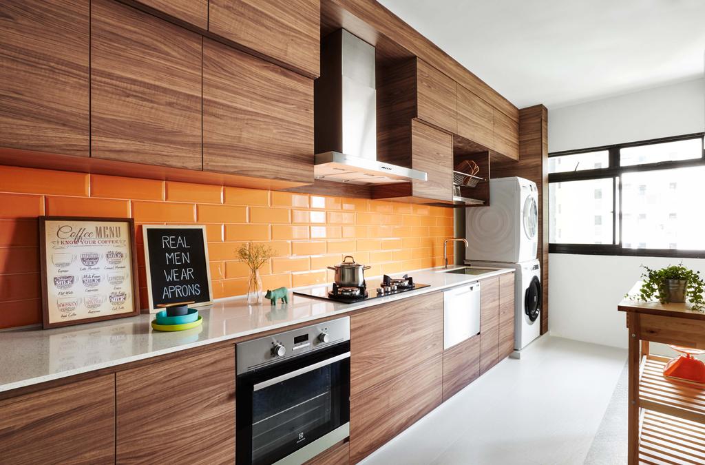 Scandinavian, HDB, Kitchen, Kim Tian Place, Interior Designer, Dan's Workshop, Brown, Stove, Hood, Tiles Backing, Oven, Tiles, Washing Machine, Dryer, White Kitchen Cabinets, Drawers, Indoors, Interior Design, Room, Appliance, Electrical Device, Hardwood, Stained Wood, Wood, Flooring