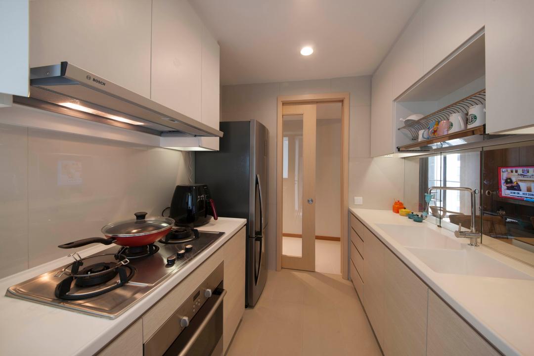 A Treasure Trove (Punggol), Space Factor, Industrial, Kitchen, Condo, Cabinet, Stove, Hood, Flooring, Tiles, Glass Door, Fridge, Sinnk, Tap, Oven, Solid Top, Granite Top, Down Light, Appliance, Electrical Device
