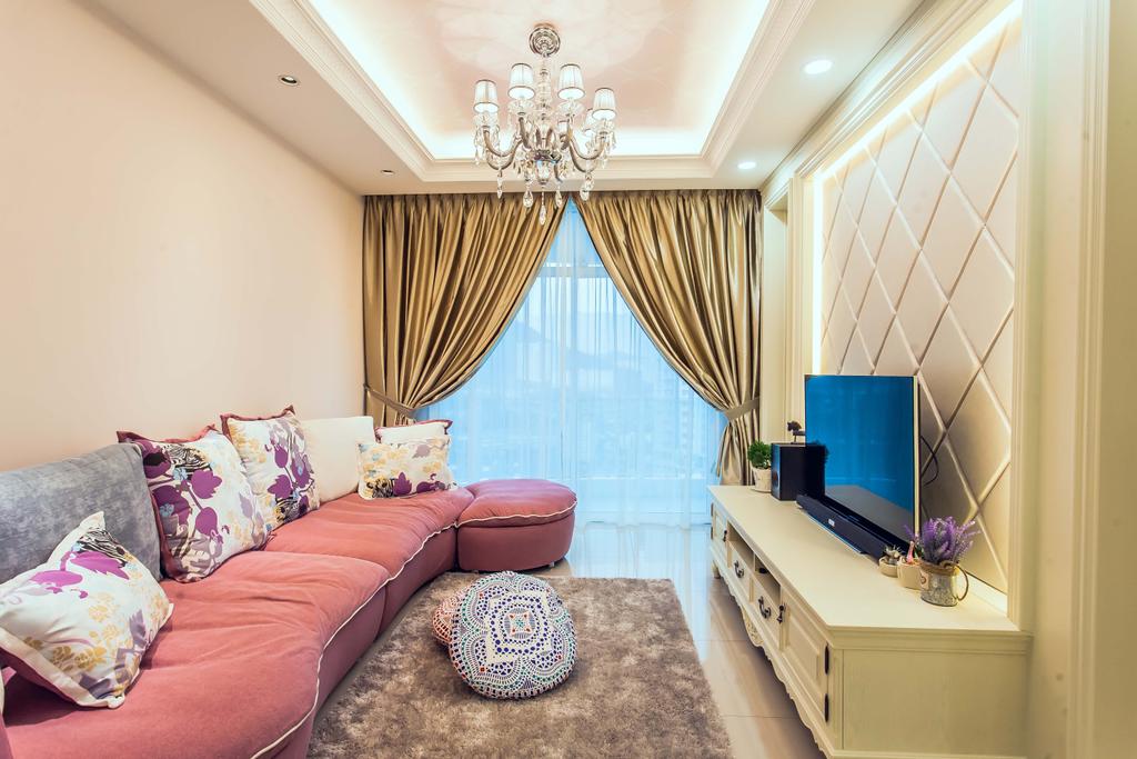 Vintage, Condo, Living Room, Oasis, Interior Designer, Zeng Interior Design Space, Elegant, Luxe, Chandelier, Sofa, Couch, Pink, Girly, Girlish, Cove Lighting, Concealed Lighting, Feature Wall, Tv Console, Tv Cabinet, Curtains, Gold, Molding, Furniture, Lamp, Indoors, Room, Bedroom, Interior Design