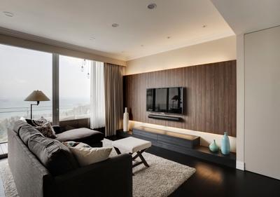 Aalto, The Orange Cube, Contemporary, Living Room, Condo, Cove Light, Wood Feature Wall, Tv Feature Wall, Tv Console, White Rug, White Carpet, Minimalist, Dark Grey Sofa, Feature Wall, Indoors, Interior Design, Room, Couch, Furniture
