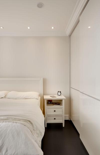 Aalto, The Orange Cube, Contemporary, Bedroom, Condo, White, Bed Frame, Downlights, White Side Table, Sliding Wardrobe, White Wardrobe, White Cupboard, Shelf