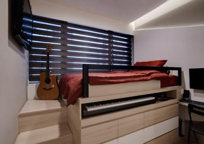 Austville Residences, The Orange Cube, Contemporary, Bedroom, Condo, Blinds, Platform, Wood Drawers, Cove Light, Platform Bed, Appliance, Electrical Device, Oven, Guitar, Leisure Activities, Music, Musical Instrument