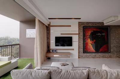 Austville Residences, The Orange Cube, Contemporary, Living Room, Condo, Resort, White Feature Wall, Tv Console, White Tiles, Brown Brick Wall, Passion Of Christ Art, Cream Curtains, White Sofa, Green Grass Carpet, Cream Sofa, Feature Wall, Art, Banister, Handrail, Fireplace, Hearth, Indoors, Room