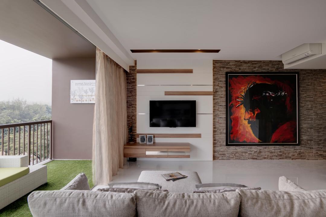 Austville Residences, The Orange Cube, Contemporary, Living Room, Condo, Resort, White Feature Wall, Tv Console, White Tiles, Brown Brick Wall, Passion Of Christ Art, Cream Curtains, White Sofa, Green Grass Carpet, Cream Sofa, Art, Banister, Handrail, Fireplace, Hearth, Indoors, Room