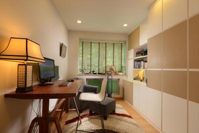 Caribbean@Keppel Bay, The Orange Cube, Contemporary, Study, Condo, Wood Desk, Blinds, Downlights, Cupboard, Shelving, Chair, Furniture, Electronics, Monitor, Screen, Tv, Television, Indoors, Interior Design, Lamp