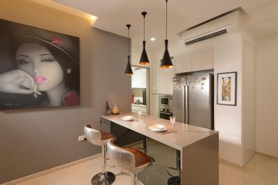 Flamingo Valley, The Orange Cube, Contemporary, Dining Room, Condo, Island Table, Dry Kitchen, Open Kitchen, Hanging Lights, Dining Table, Bar Chairs, Cove Light, Downlight, Aircon, Fridge, Tiles, Human, People, Person, Indoors, Interior Design, Chair, Furniture