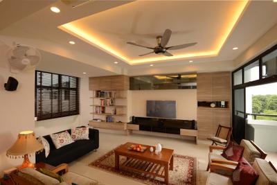 Mandarin Gardens, The Orange Cube, Traditional, Living Room, Condo, Cove Light, Mini Ceiling Fan, Downlight, Sofa, Coffee Table, Blinds, Tv, White Kitchen Cabinets, Shelves, Bookshelf, Tv Console, Armchair, Carpet, Balcony, Warmth, Lamp, Lampshade, Electronics, Entertainment Center, Home Theater, Couch, Furniture, Indoors, Room