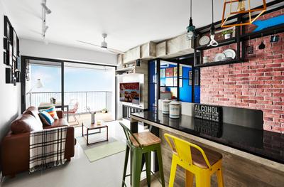 Trivelis, Dan's Workshop, Industrial, Dining Room, HDB, Dual Function, Industrial Table, Mismatched Chairs, Industrial Chairs, Bar Stool, Bar, Counter, White Sink Countertop, Brick, Building, Housing, Indoors, Loft, Dining Table, Furniture, Table, Bedroom, Interior Design, Room