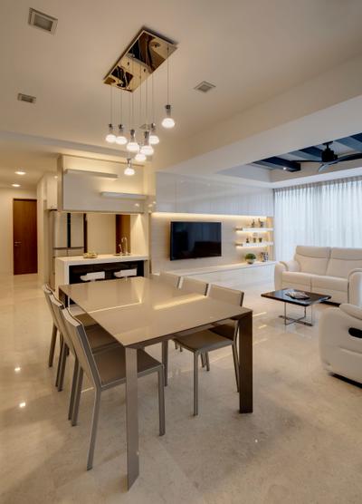 St. Patrick's Residences, The Orange Cube, Contemporary, Dining Room, Condo, Dining Table, Dining Chairs, Clean, White, Tiles, Sofa, Brown Coffee Table, Tv, Tv Console, Shelves, Cove Light, White Kitchen Cabinets, Bar Top, Bar Stool, Warm, Chair, Furniture, Table, Indoors, Interior Design, Room