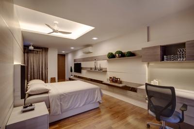 St. Patrick's Residences, The Orange Cube, Contemporary, Bedroom, Condo, Clean White, Mini Ceiling Fan, Cove Light, Downlights, Side Table, Bed Frame, Study Desk, Roller Chairs, Bookshelf, Parquet, Chair, Furniture, Sideboard, Indoors, Room