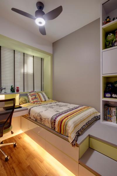 St. Patrick's Residences, The Orange Cube, Contemporary, Bedroom, Condo, Mini Ceiling Fan, Blinds, Bed Frame, Bed, Platform, Cove Light, Study Desk, Croller Chairs, Shelving, Storage, Platform Bed, White Board, Indoors, Interior Design, Room, Furniture, Chair