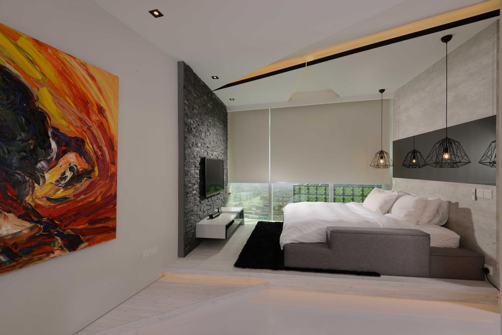 Contemporary, Condo, Bedroom, The Shenton, Interior Designer, The Orange Cube, Art Piece, Platform, Bed, Bed Lights, Hanging Lights, Bed Frame, Blinds, Tv Feature Wall, Tv, Tv Console, Modern, Feature Wall, Platform Bed, Indoors, Interior Design, Room, Art, Painting