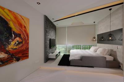 The Shenton, The Orange Cube, Contemporary, Bedroom, Condo, Art Piece, Platform, Bed, Bed Lights, Hanging Lights, Bed Frame, Blinds, Tv Feature Wall, Tv, Tv Console, Modern, Feature Wall, Platform Bed, Indoors, Interior Design, Room, Art, Painting
