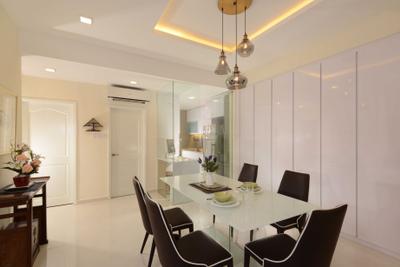 Spanish Village, The Orange Cube, Contemporary, Dining Room, Condo, Dining Table, Dining Chairs, Dining Light, White, Clean, White Kitchen Cabinets, Storage, Glass, Hack, Cove Light, Downlights, Indoors, Interior Design, Room, Chair, Furniture, Table