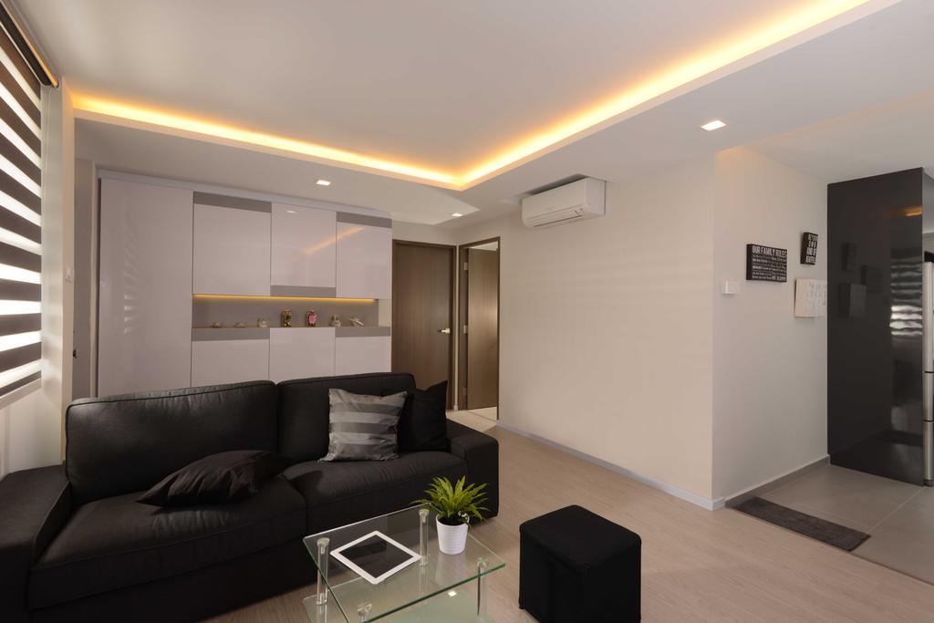Contemporary, HDB, Living Room, Bedok, Interior Designer, The Orange Cube, Cove Light, Downlight, Marble, White Kitchen Cabinets, Storage, Black And White, Monochrome, Aircon, Sofa, Brown Coffee Table, Couch, Furniture, Indoors, Interior Design