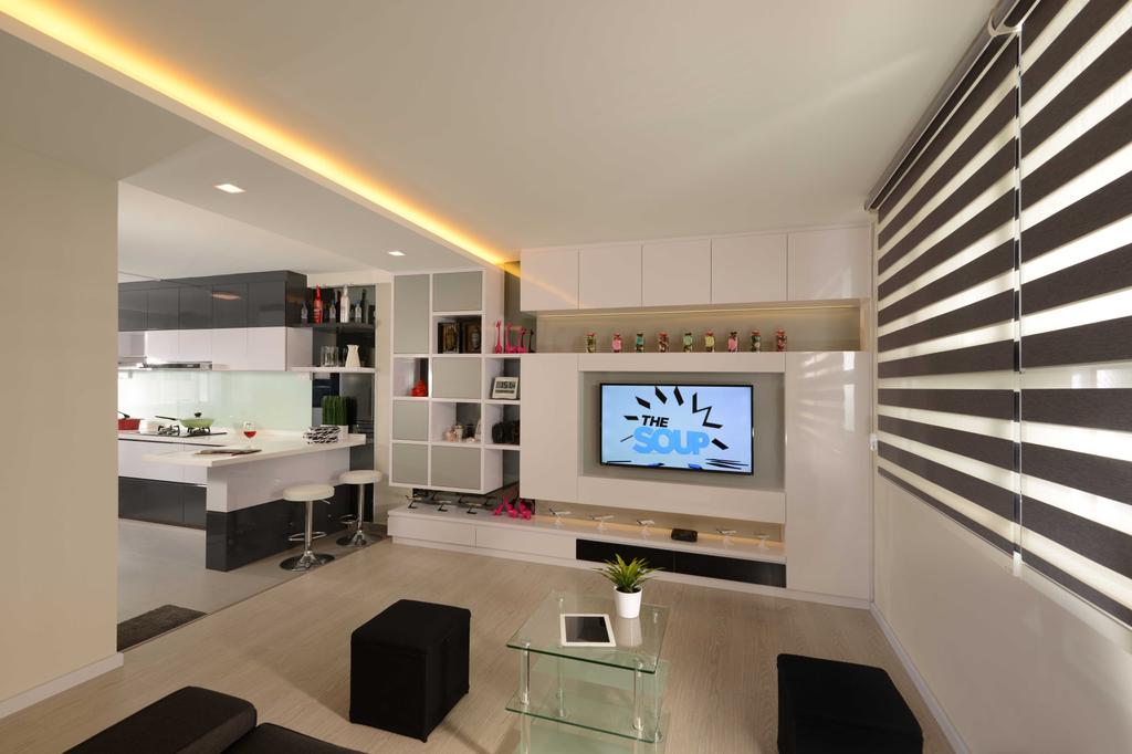 Contemporary, HDB, Living Room, Bedok, Interior Designer, The Orange Cube, Monochrome, Blinds, Tv, Tv Console, Cove Light, Downlight, Marble, Glass Coffee Table, White Kitchen Cabinets, Shelving