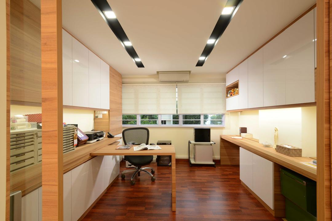 Bedok, The Orange Cube, Contemporary, Study, HDB, Roller Chairs, Study Desk, Cabinets, Storage, Blinds, Track Lights, Indoors, Office, Flooring, Hardwood, Wood