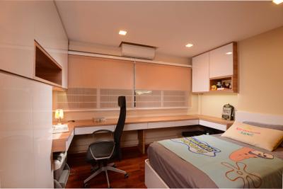 Bedok, The Orange Cube, Contemporary, Bedroom, HDB, Blinds, Downlight, Roller Chairs, Study Table, Bed, White Kitchen Cabinets, Storage, Chair, Furniture, Appliance, Electrical Device, Oven, Indoors, Room