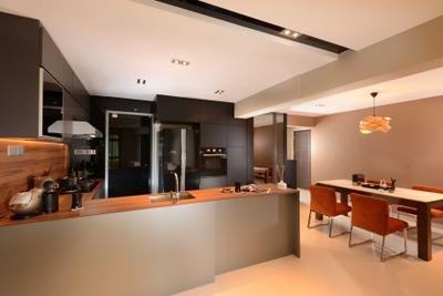 Jurong West, The Orange Cube, Contemporary, Kitchen, HDB, Dining Table, Dining Light, Dining Chairs, Dry Kitchen, Island Top, Fridge, Sink, Stove, Hood, Furniture, Table, Appliance, Electrical Device, Oven