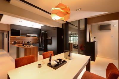 Jurong West, The Orange Cube, Contemporary, Dining Room, HDB, Dining Table, Dry Kitchen, Island Table, Dining Lamp, Fridge, Indoors, Interior Design, Room