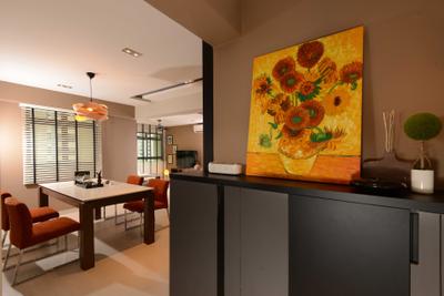 Jurong West, The Orange Cube, Contemporary, Dining Room, HDB, Shoe Case, Entrance, Dining Table, Dining Chairs, Blinds, Dining Lamp, Black Track Lights, Couch, Furniture, Table, Indoors, Interior Design, Room, Appliance, Electrical Device, Fridge, Refrigerator, Art, Chair