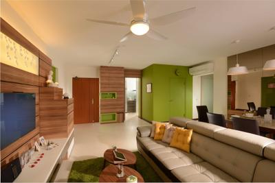 Upper Serangoon Crescent, The Orange Cube, Contemporary, Living Room, HDB, Mini Ceiling Fan, Sofa, Brown Coffee Table, Tv, Altar, Dining Table, Dining Chairs, Dining Lamp, Couch, Furniture